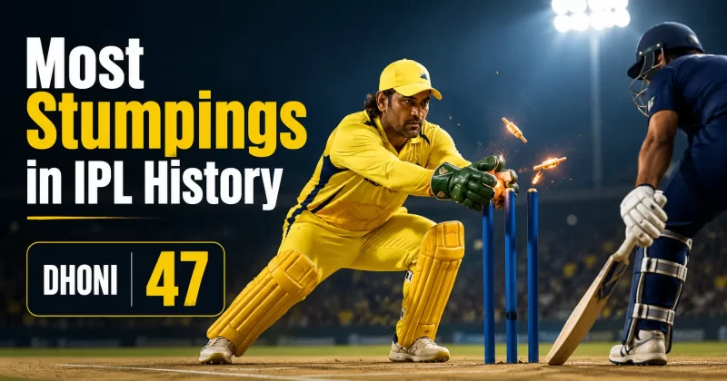 MS Dhoni wicketkeeping poster showing the most stumpings in IPL history, with Dhoni completing a stumping and the graphic highlighting his IPL stumping record of 47.