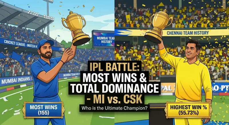 IPL most wins history graphic comparing Mumbai Indians and Chennai Super Kings, showing MI with the most wins at 155 and CSK with the highest win percentage at 55.73%.