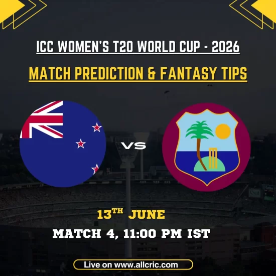 NZ-W vs WI-W today match prediction and Dream11 prediction graphic for ICC Women’s T20 World Cup 2026 Match 4 at The Rose Bowl, Southampton. The image features New Zealand Women vs West Indies Women with fantasy cricket tips, Dream11 team prediction, and match prediction insights for the tournament clash.