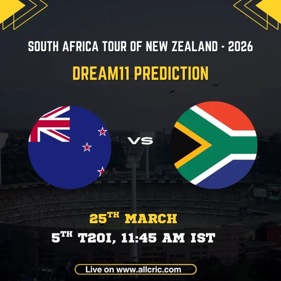 NZ vs SA 5th T20I Dream11 prediction graphic for 25 March 2026 at 11:45 AM IST, showing New Zealand and South Africa national flags facing off under the header "South Africa Tour of New Zealand 2026" — live on allcric.com.