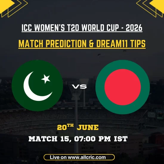 PAK-W vs BAN-W Dream11 prediction today match graphic for ICC Women’s T20 World Cup 2026 Match 15. Pakistan Women face Bangladesh Women on June 20 at 7:00 PM IST at The Rose Bowl, Southampton, featuring match prediction, Dream11 tips, fantasy picks, and probable XIs.