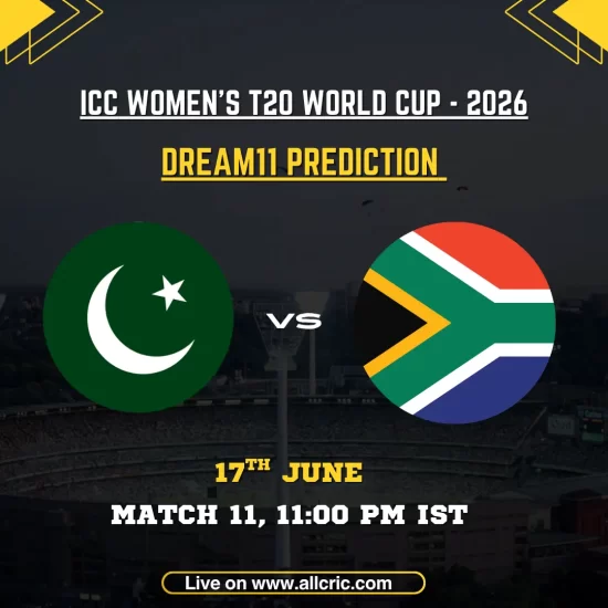 PAK-W vs SA-W Dream11 prediction today match graphic for ICC Women’s T20 World Cup 2026 Match 11 at Edgbaston, Birmingham. Pakistan Women and South Africa Women team logos displayed with match date and time. Fantasy cricket preview featuring Dream11 captain and vice-captain picks, probable playing XIs, and top performers including Laura Wolvaardt, Fatima Sana, Marizanne Kapp, and Nonkululeko Mlaba.