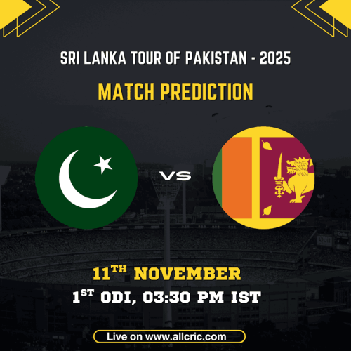 Pakistan vs Sri Lanka 1st ODI 2025 match graphic showing team logos, match date 11th November, 3:30 PM IST, Rawalpindi. Sri Lanka tour of Pakistan 2025 match prediction banner used for pak vs sl today match prediction, pak vs sl dream11 prediction today match, pak vs sl team prediction, pak vs sl win prediction, and PAK vs SL ODI prediction.