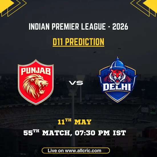 PBKS vs DC Dream11 prediction today match IPL 2026 poster featuring Punjab Kings vs Delhi Capitals, D11 prediction, 55th match on May 11 at 7:30 PM IST with team logos.