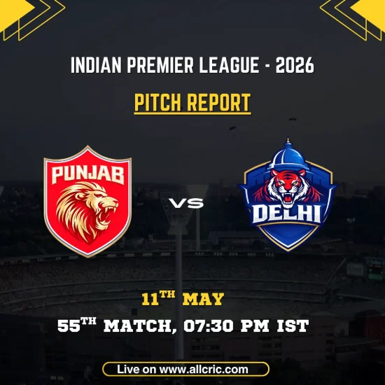 PBKS vs DC pitch report IPL 2026 poster featuring Punjab Kings vs Delhi Capitals, 55th match on May 11 at 7:30 PM IST at HPCA Stadium, Dharamsala.