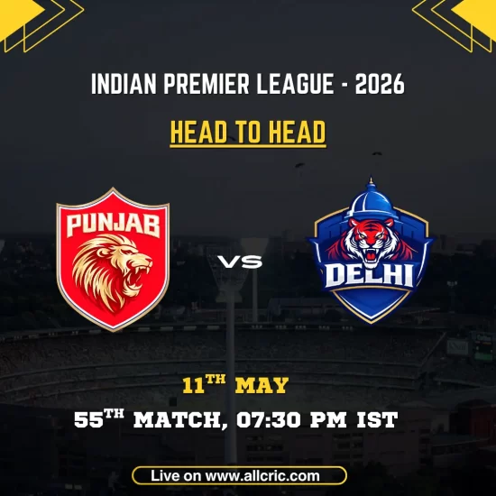 PBKS vs DC head to head today IPL 2026 poster featuring Punjab Kings vs Delhi Capitals, 55th match on May 11 at 7:30 PM IST with team logos and match details.