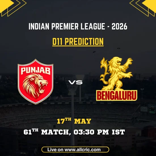 PBKS vs RCB Dream11 prediction today match IPL 2026 poster featuring Punjab Kings vs Royal Challengers Bengaluru, D11 prediction, 61st match on May 17 at 3:30 PM IST.