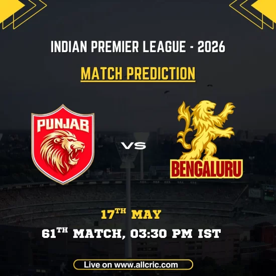 PBKS vs RCB today match prediction IPL 2026 graphic featuring Punjab Kings vs Royal Challengers Bengaluru for Match 61 at Dharamsala on May 17, 3:30 PM IST.