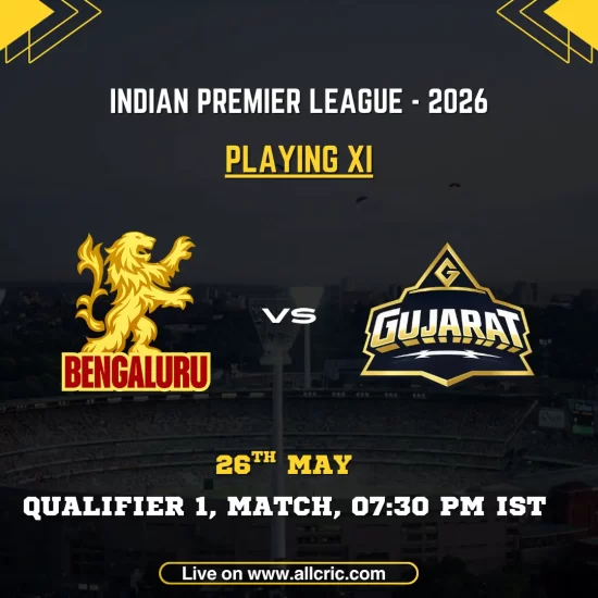 RCB vs GT playing 11 today IPL 2026 Qualifier 1 poster featuring Royal Challengers Bengaluru vs Gujarat Titans on May 26 at 7:30 PM IST.