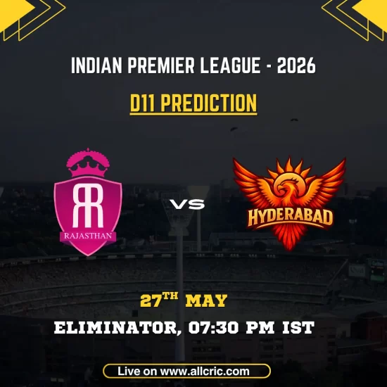 RR vs SRH Dream11 prediction today match IPL 2026 Eliminator poster featuring Rajasthan Royals vs Sunrisers Hyderabad on May 27 at 7:30 PM IST.