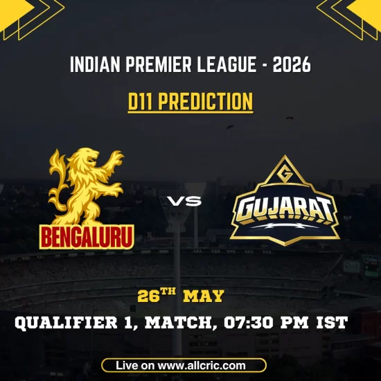RCB vs GT Dream11 prediction today match IPL 2026 Qualifier 1 poster featuring Royal Challengers Bengaluru vs Gujarat Titans on May 26 at 7:30 PM IST.