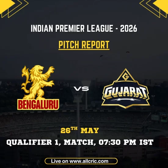 RCB vs GT pitch report today IPL 2026 Qualifier 1 poster featuring Royal Challengers Bengaluru vs Gujarat Titans at HPCA Stadium Dharamsala on May 26 at 7:30 PM IST.