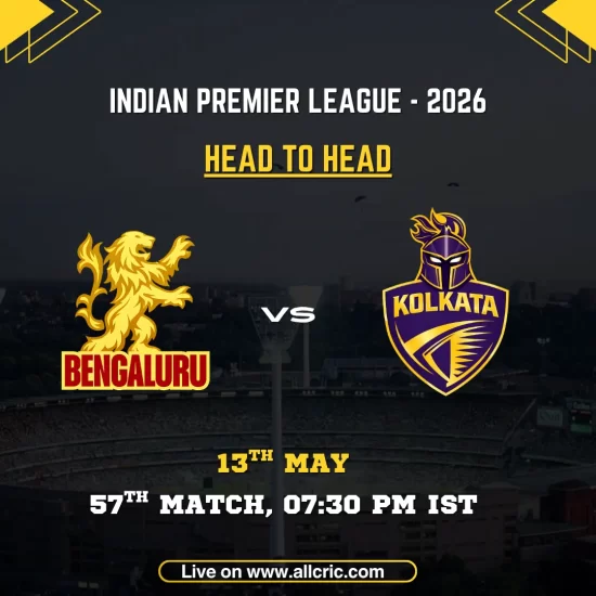 RCB vs KKR head to head today IPL 2026 graphic featuring Royal Challengers Bengaluru vs Kolkata Knight Riders with head to head record details for Match 57 on May 13 at 7:30 PM IST.