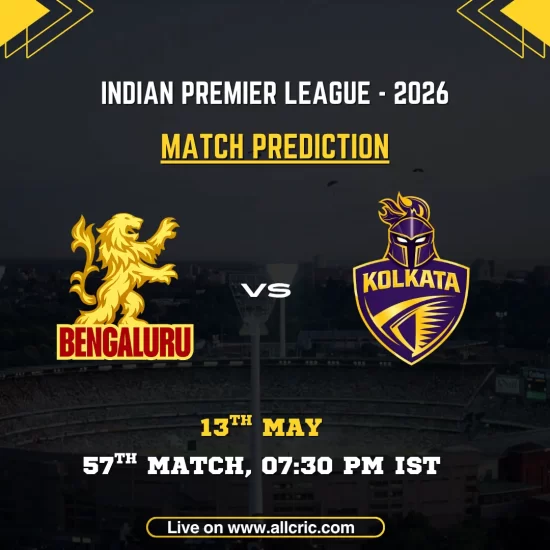 RCB vs KKR today match prediction IPL 2026 poster featuring Royal Challengers Bengaluru vs Kolkata Knight Riders, 57th match on May 13 at 7:30 PM IST with team logos.