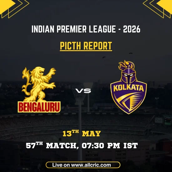 RCB vs KKR pitch report IPL 2026 poster featuring Royal Challengers Bengaluru vs Kolkata Knight Riders, 57th match on May 13 at 7:30 PM IST at Raipur.