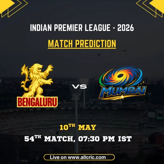 RCB vs MI today match prediction IPL 2026 poster featuring Royal Challengers Bengaluru vs Mumbai Indians, 54th match on May 10 at 7:30 PM IST with team logos and match details.