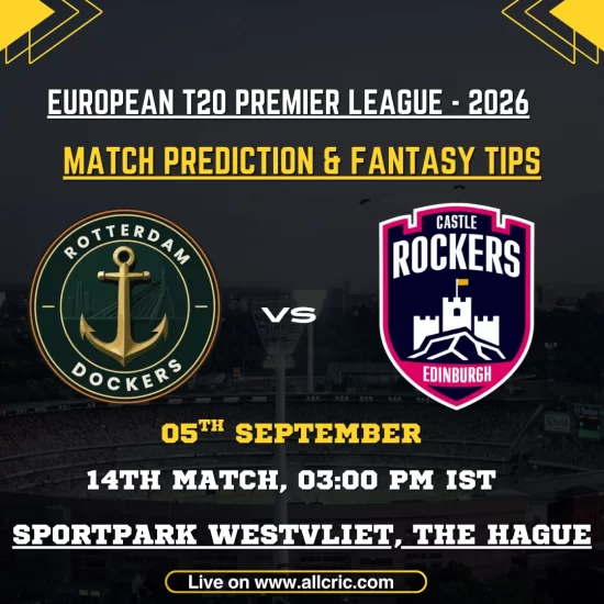RDD vs ECR today match prediction graphic for Rotterdam Dockers vs Edinburgh Castle Rockers, ETPL 2026 Match 14 at Sportpark Westvliet, featuring RDD vs ECR fantasy tips and fantasy team preview.