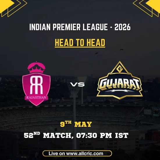 RR vs GT head to head today IPL 2026 poster featuring Rajasthan Royals vs Gujarat Titans, 52nd match on May 9 at 7:30 PM IST with team logos and match details.