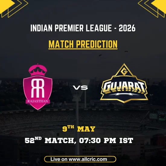 RR vs GT today match prediction IPL 2026 poster featuring Rajasthan Royals vs Gujarat Titans, 52nd match on May 9 at 7:30 PM IST with team logos and match details.