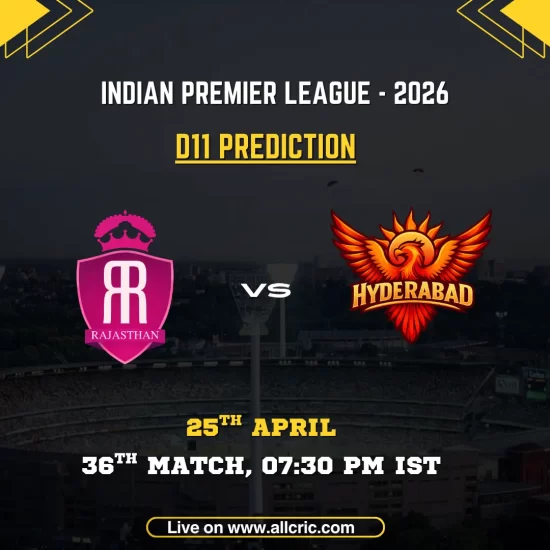 RR vs SRH Dream11 prediction today match IPL 2026 graphic showing Rajasthan Royals vs Sunrisers Hyderabad with Dream11 team prediction and match details April 25