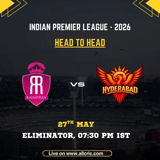 RR vs SRH head to head today IPL 2026 Eliminator poster featuring Rajasthan Royals vs Sunrisers Hyderabad on May 27 at 7:30 PM IST.