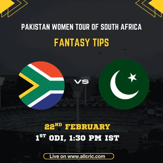 South Africa Women vs Pakistan Women 1st ODI fantasy tips graphic featuring national flags, match details for February 22nd 2026 at 1:30 PM IST at Mangaung Oval Bloemfontein, with Dream11 team suggestions and fantasy cricket tips for Pakistan Women tour of South Africa