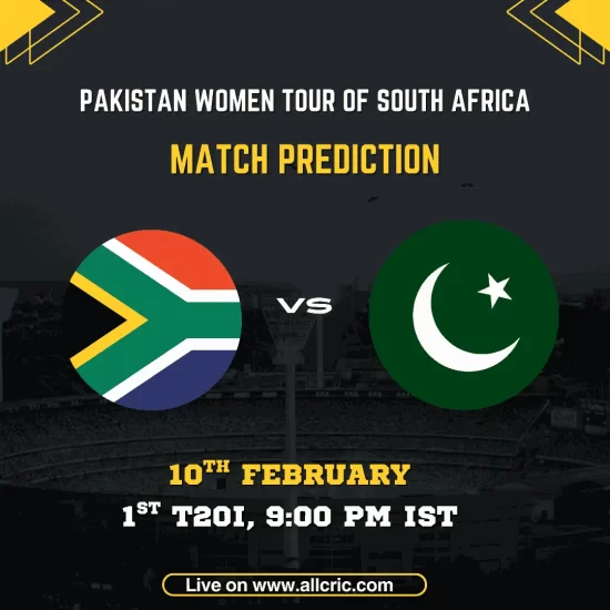 South Africa Women vs Pakistan Women 1st T20I match prediction graphic featuring national flags, match details for February 10th 2026 at 9:00 PM IST at Senwes Park Potchefstroom, with Dream11 team analysis and today's match prediction for Pakistan Women tour of South Africa