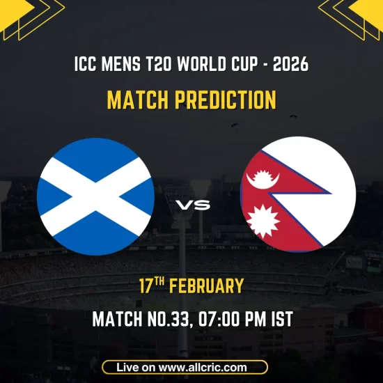 Scotland vs Nepal ICC Men's T20 World Cup 2026 Group C Match 33 prediction graphic featuring national flags, match details for February 17th 2026 at 7:00 PM IST at Wankhede Stadium Mumbai, with Dream11 team analysis and today's match prediction