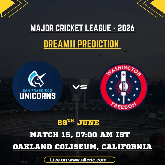 SFU vs WF Dream11 prediction today match graphic for Major League Cricket 2026 Match 15 featuring San Francisco Unicorns vs Washington Freedom at Oakland Coliseum, with Dream11 team prediction, captain picks, and fantasy tips.