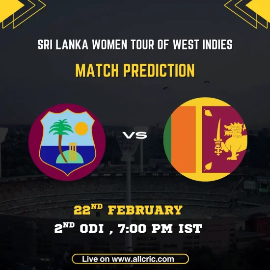 SL W vs WI W today match prediction graphic for 2nd ODI 2026 at National Cricket Stadium Grenada featuring Sri Lanka Women vs West Indies Women team logos.
