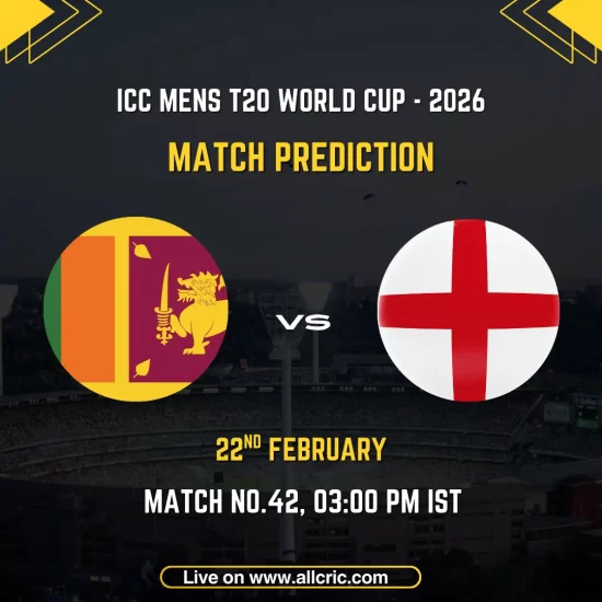 Sri Lanka vs England ICC Men's T20 World Cup 2026 Super 8 Group 2 Match 42 prediction graphic featuring national flags, match details for February 22nd 2026 at 3:00 PM IST at Pallekele International Cricket Stadium, with Dream11 team analysis and today's match prediction