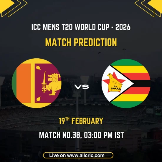 SL vs ZIM Today Match Prediction – Sri Lanka vs Zimbabwe ICC Men's T20 World Cup 2026 Match No. 38 prediction graphic featuring Sri Lanka and Zimbabwe national flags on a stadium background, scheduled on 19th February at 3:00 PM IST, live on allcric.com.
