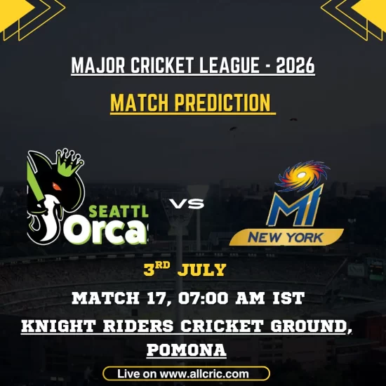 SO vs MINY today match prediction graphic for Major League Cricket 2026 featuring Seattle Orcas vs MI New York at Knight Riders Cricket Ground, Pomona, with Seattle backed in the SO vs MINY match prediction and win prediction.