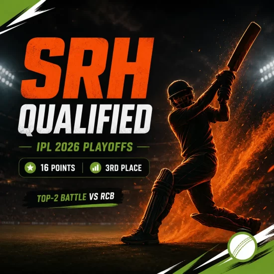 SRH qualification scenario IPL 2026 playoffs graphic showing Sunrisers Hyderabad qualified with 16 points, 3rd place, and top-two battle vs RCB.