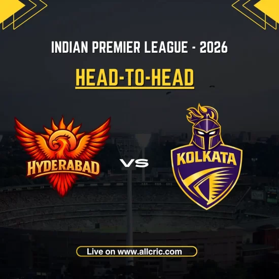 SRH vs KKR head to head today IPL 2026 poster showing Sunrisers Hyderabad vs Kolkata Knight Riders with head to head record comparison and team logos