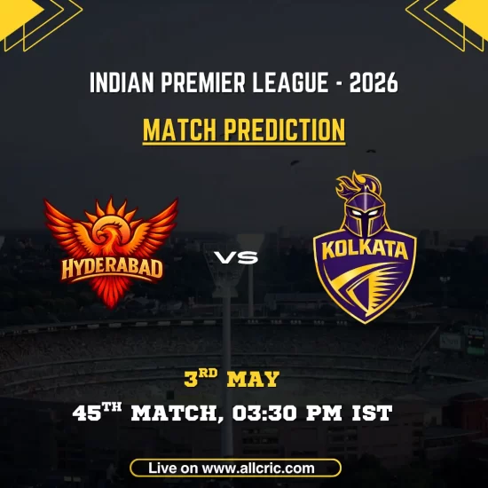 SRH vs KKR today match prediction poster for IPL 2026 featuring Sunrisers Hyderabad vs Kolkata Knight Riders, 45th match on May 3 at 3:30 PM IST with team logos and match details