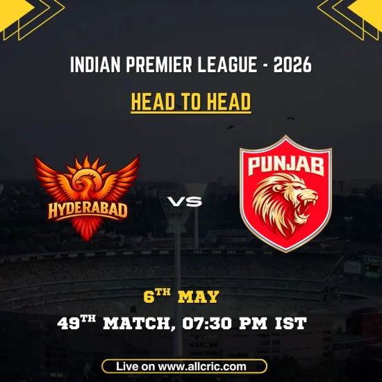 SRH vs PBKS head to head record IPL 2026 poster featuring Sunrisers Hyderabad vs Punjab Kings, 49th match on May 6 at 7:30 PM IST with team logos and match details.
