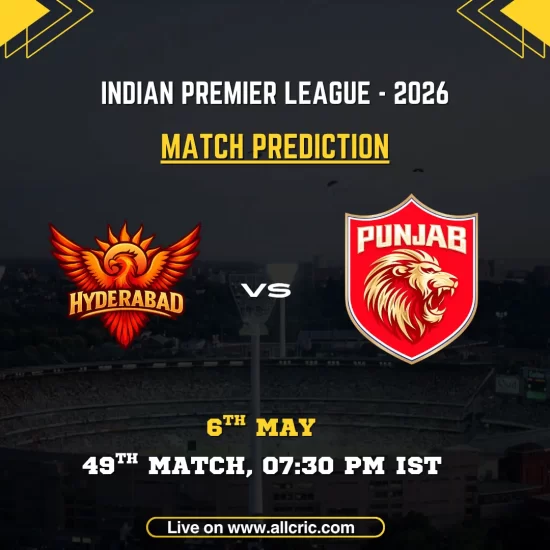 SRH vs PBKS today match prediction IPL 2026 poster featuring Sunrisers Hyderabad vs Punjab Kings, 49th match on May 6 at 7:30 PM IST with team logos.
