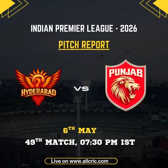SRH vs PBKS pitch report IPL 2026 poster featuring Sunrisers Hyderabad vs Punjab Kings, 49th match on May 6 at 7:30 PM IST at Rajiv Gandhi International Stadium.