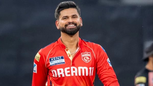 Shreyas Iyer smiling in Punjab Kings jersey during the IPL