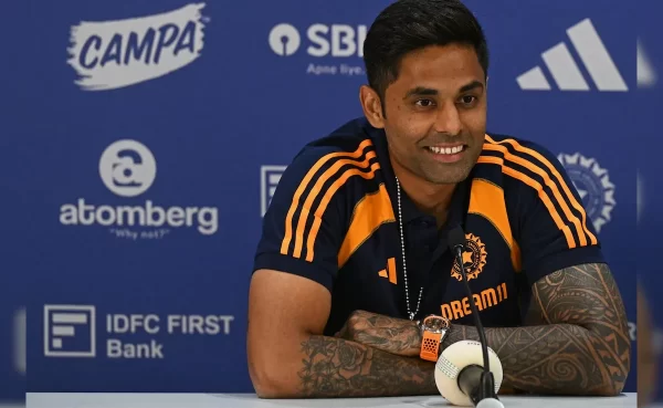 Suryakumar Yadav speaking at a press conference during his period as India’s T20I captain.