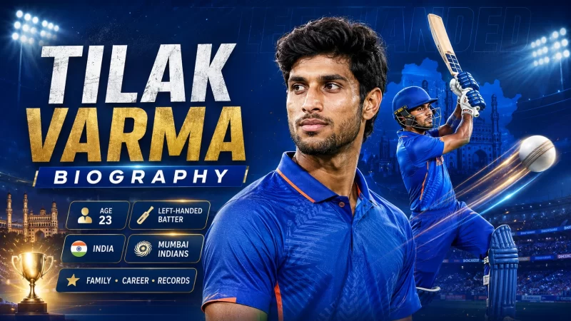 Tilak Varma biography graphic featuring the 23-year-old Indian left-handed batter in India colours, Mumbai Indians details and an action batting pose.