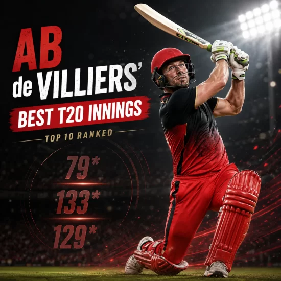 Stylized image of AB de Villiers playing an attacking shot in a red and black jersey under floodlights, alongside scores of 79*, 133*, and 129*. The graphic highlights the top 10 best T20 innings of AB de Villiers, featuring his iconic match-winning knocks for South Africa and Royal Challengers Bangalore.