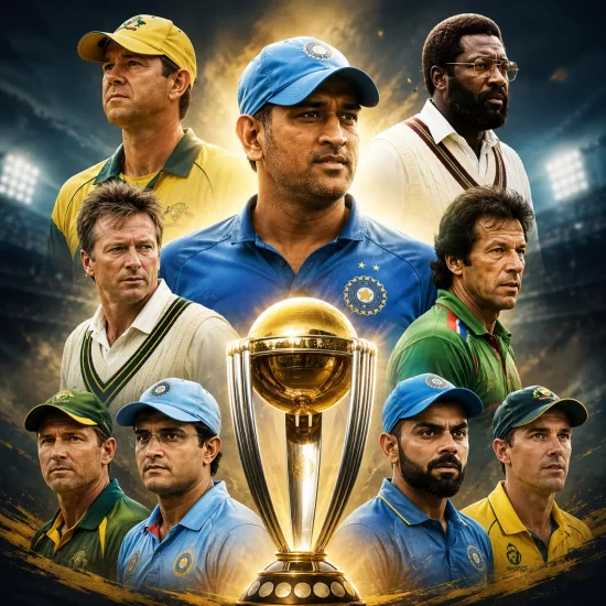 Top 10 best cricket captains of all time featuring MS Dhoni, Ricky Ponting, Clive Lloyd, Steve Waugh, Imran Khan, Sourav Ganguly and Virat Kohli with the World Cup trophy.