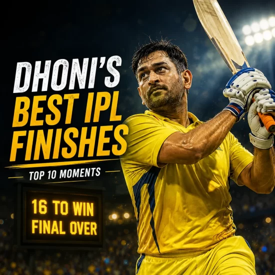 Dynamic image of MS Dhoni in Chennai Super Kings colors playing a lofted shot under floodlights, with the text “Dhoni’s Best IPL Finishes – Top 10 Moments” and a scoreboard showing “16 to win, final over.” The graphic highlights Dhoni’s greatest match-winning finishes, including his iconic 54* against Kings XI Punjab in IPL 2010.