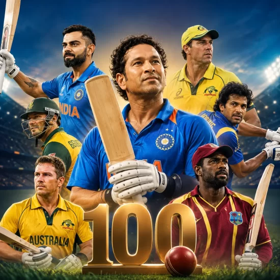 Sachin Tendulkar celebrates his record 100 international centuries alongside Virat Kohli, Ricky Ponting, Kumar Sangakkara, Brian Lara, and other legendary batters with the iconic 100 milestone in international cricket.