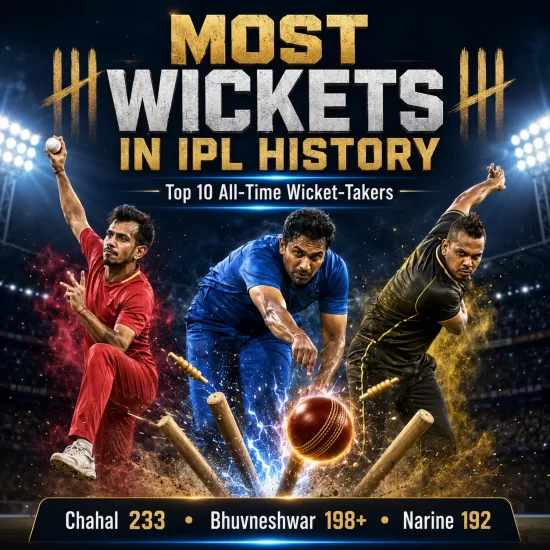 Most wickets in IPL history infographic featuring the top 10 all-time IPL wicket-takers, led by Yuzvendra Chahal with 233 wickets, alongside Bhuvneshwar Kumar and Sunil Narine, updated with IPL 2026 statistics.