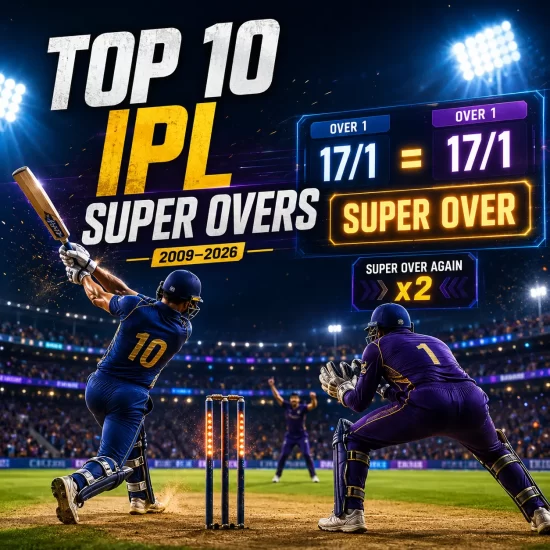 Top 10 IPL Super Overs in IPL history, featuring a dramatic double Super Over cricket match under stadium lights.