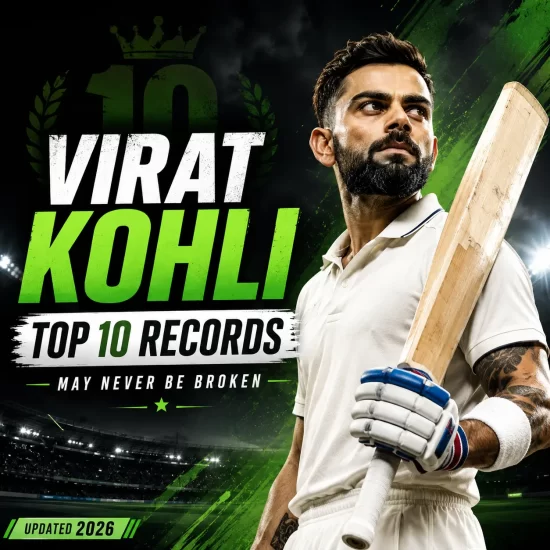 Virat Kohli Top 10 Records That May Never Be Broken infographic featuring the Indian cricket legend holding a bat in a stadium. Highlights Virat Kohli’s greatest cricket achievements, including most ODI centuries, fastest ODI run milestones, IPL records, T20 World Cup records, and India's most successful Test captaincy achievements.