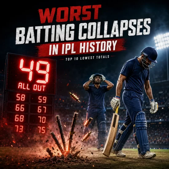 Worst batting collapses in IPL history featuring the top 10 lowest team totals, highlighted by Royal Challengers Bengaluru's record 49 all out, with dejected batters and shattered stumps symbolizing dramatic IPL batting failures.